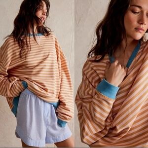 Free People Classic Striped Oversized Crewneck Latte Combo Size Large ,xl NEW